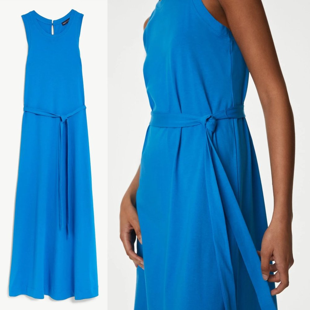 Marks & Spencer Bright Blue Sleeveless Midi Dress with Waist Tie